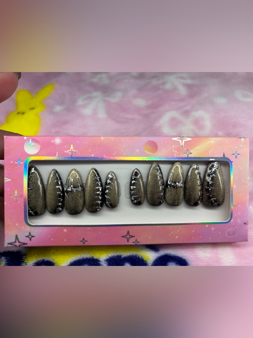 Handmade Press On Nails— Metallic Black and Silver Chrome
